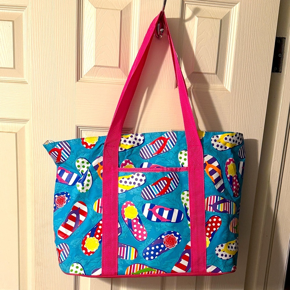 Colorful Flip Flop Tote Bag with Pink Straps